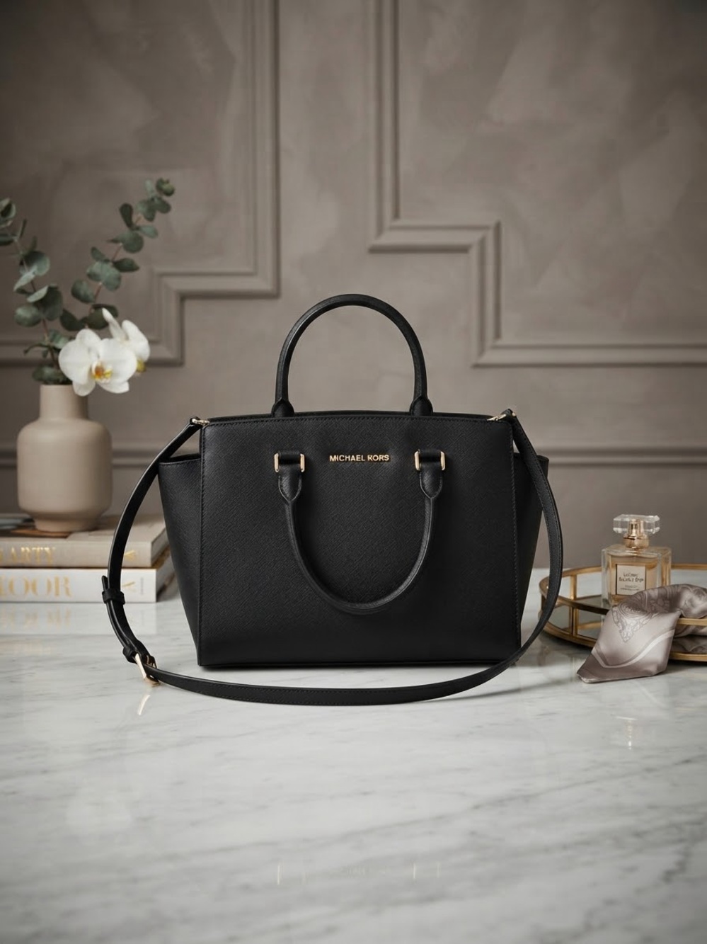 Michael Kors Black Leather Satchel with Gold Hardware